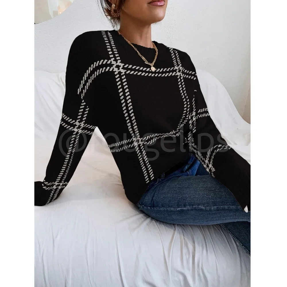 Grid Plaid Pattern Black Knit Crew Neck Pullover Sweater - Picture 5 of 9